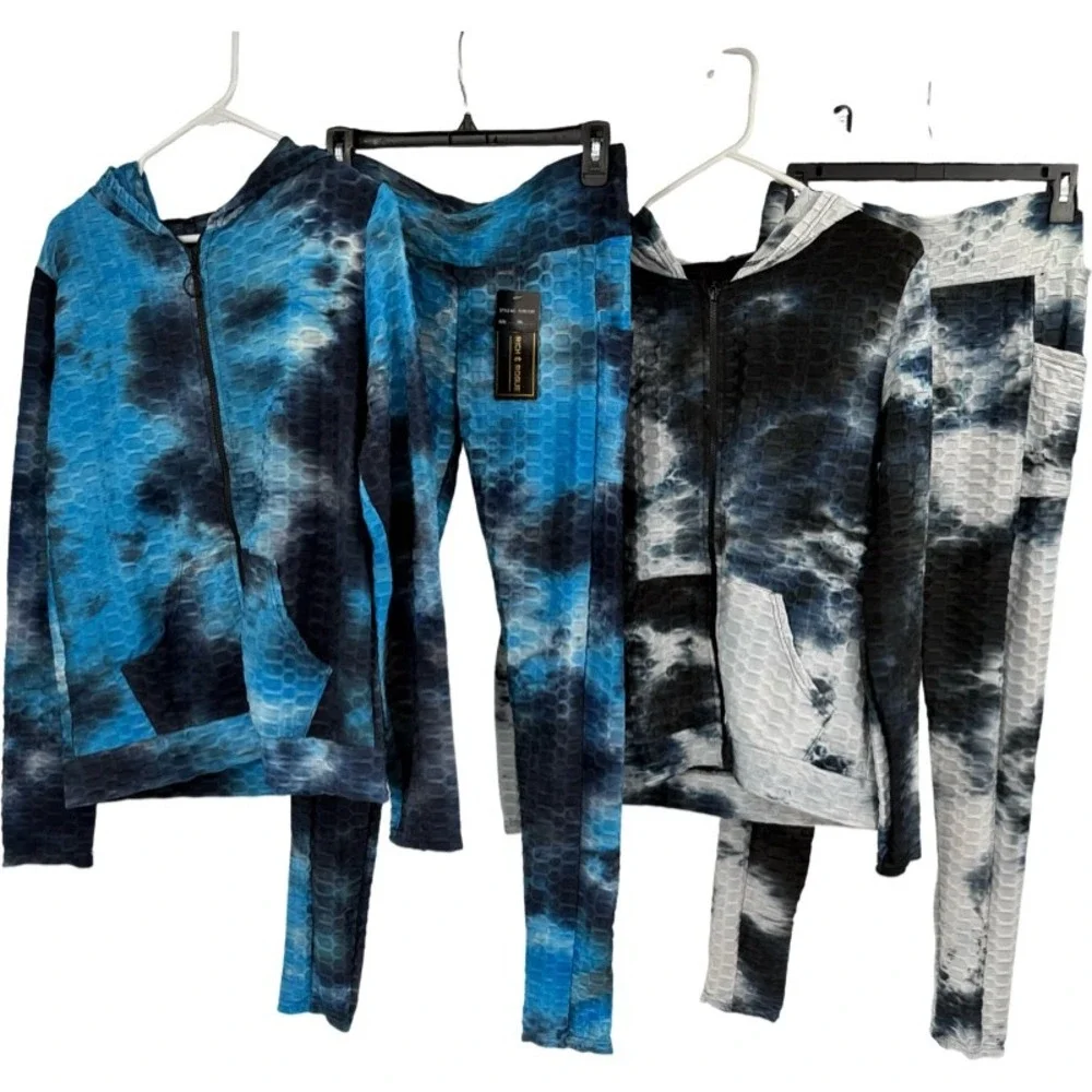 RICH & ROGUE NEW 1XL Tracksuit Lot Blue Black Tie Dye Honeycomb Textured Active